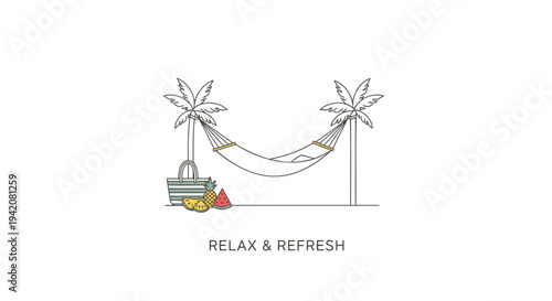Vector illustration of hammock with palm trees and beach bag