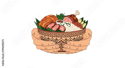 Two human hands hold a decorative patterned bowl filled with cooked meat white rice and fresh green garnishes on a clean white background, Generative AI