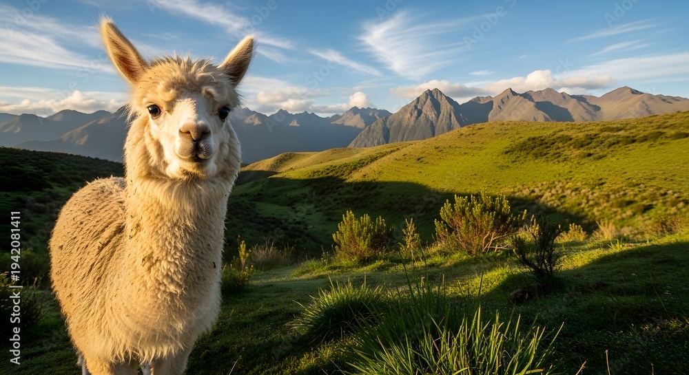 Fototapeta premium An Alpaca stands in serene landscape with rolling hills and majestic mountains in the background, a portrait of calm.