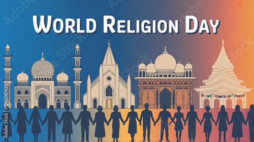 Diverse People Holding Hands Around Religious Buildings.