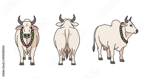 Three detailed illustrations of a light-colored cow each wearing a vibrant floral garland are displayed from front back and side perspectives on a clean white backdrop, Generative AI