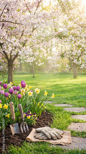 Beautiful spring garden with blooming flowers and gardening tools.