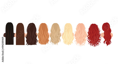 A diverse group of nine women are seen from behind, displaying various long, flowing hairstyles and natural hair colors.