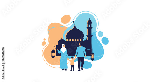 A Muslim family parents and child walks before a mosque silhouette with lanterns against a dynamic orange and blue abstract background, Generative AI