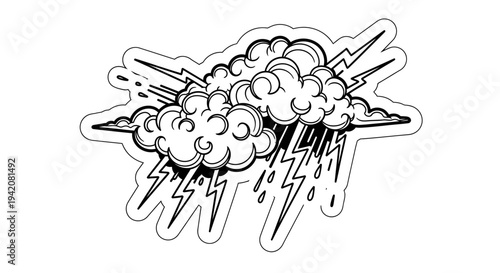 Dramatic Black and White Storm Cloud Illustration with Lightning Strikes and Rain Drops. Weather Forecast Vector Symbol.