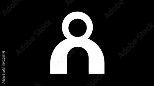 Minimalist white abstract human figure icon on black background. Simple modern graphic design element or symbol.