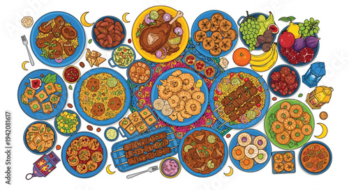 An overhead view reveals a lavish Eid feast with numerous plates of Middle Eastern dishes fresh fruits and decorative lanterns on a colorful patterned tablecloth, Generative AI