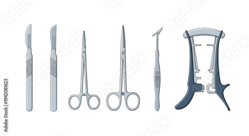 Seven polished silver medical instruments, including scalpels, forceps, scissors, a dental explorer, and a mouth gag, are arranged on a white surface.