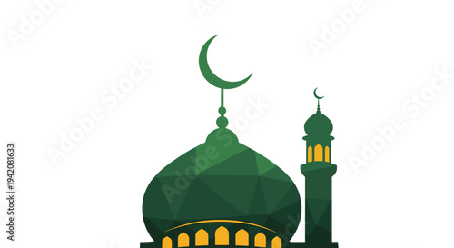 A stylized low-poly illustration showcases a green mosque dome and a minaret with yellow illuminated windows both topped with a crescent moon against a white background, Generative AI