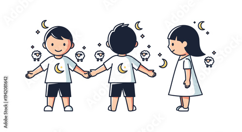 Three cheerful cartoon children two boys and one girl are standing on a pristine white background surrounded by whimsical sheep and celestial moon and star motifs, Generative AI