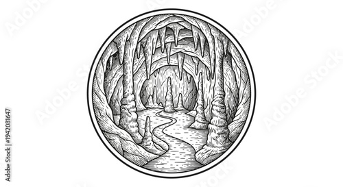 Detailed Engraving Style Illustration of a Mystical Underground Cave with Stalactites, Stalagmites, and Path in a Circle