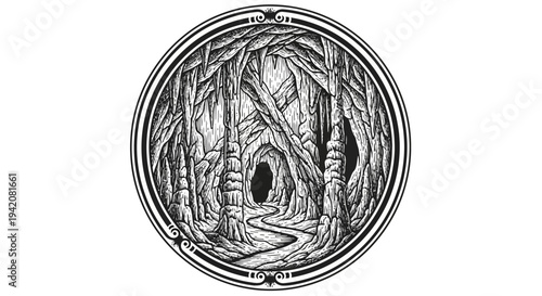 Intricate Hand-Drawn Cave Illustration with Stalactites, Stalagmites, and Winding Path in a Decorative Circular Frame