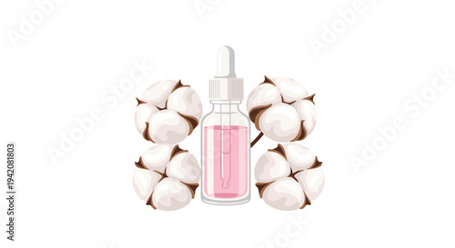 A clear glass dropper bottle filled with pink liquid is centrally positioned among four soft, fluffy cotton bolls on a white surface.