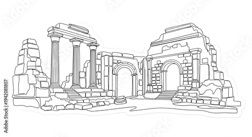 Detailed line art illustration of ancient classical ruins, featuring grand columns, arches, and weathered stone blocks, perfect for coloring.
