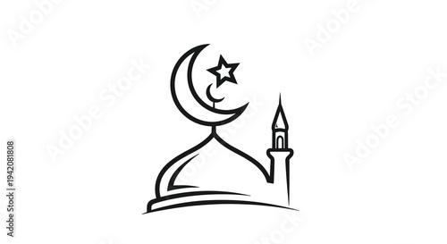 A minimalist black outline drawing of a mosque dome adorned with a crescent moon and star is presented alongside a single minaret on a clean white background, Generative AI