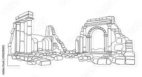 Ancient architectural ruins outline illustration. Detailed vector line art drawing of classical crumbling stone structure.