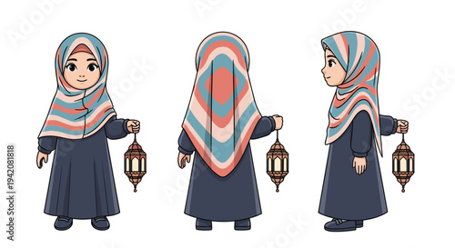 Three cartoon illustrations depict a young girl wearing a dark blue abaya and a striped hijab holding a brown lantern presented in front back and profile views, Generative AI