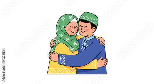 A smiling Muslim couple dressed in traditional attire shares a warm embrace against a pristine white background illustrating a moment of affection, Generative AI