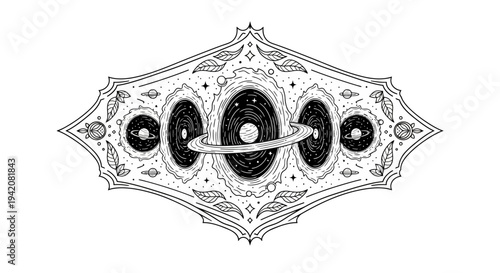 Esoteric Cosmic Universe Illustration with Multiple Galaxies, Planets, and Stars in Ornate Black and White Frame