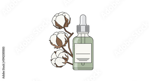 A frosted glass dropper bottle with a label, containing green liquid, is positioned next to a cotton branch with three bolls.