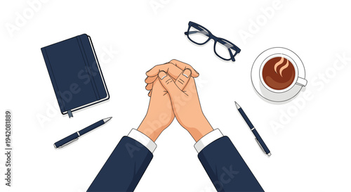 A top-down view shows a person's hands clasped together on a white desk, surrounded by a notebook, pens, eyeglasses, and a steaming cup of coffee.