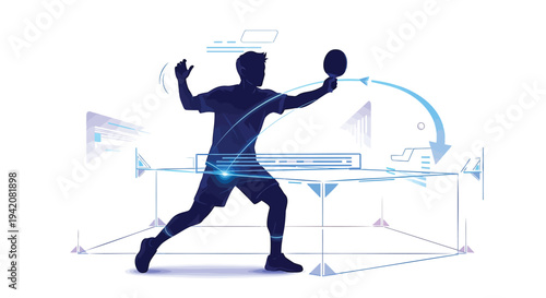 Vector illustration of man playing table tennis with blue graphics