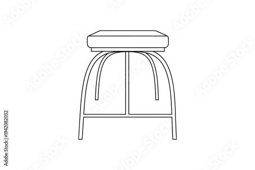 A minimalist line drawing of a simple stool with a cushioned seat and curved metal legs on a plain white background, ideal for furniture design concepts.