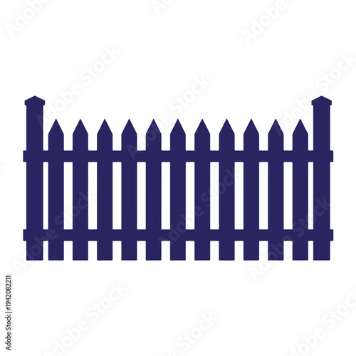 Graphic illustration of a blue wooden picket fence with pointed tops on isolated white background