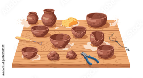 A collection of 12 brown clay pottery pieces in various stages of completion are arranged on a light wooden table alongside crafting tools and clay remnants.