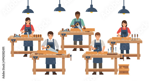Five diverse individuals are actively engaged in woodworking tasks at separate wooden workbenches, utilizing various hand tools under industrial pendant lights.