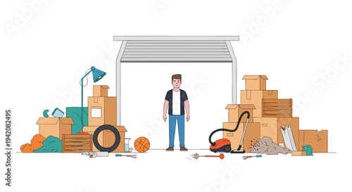 A man stands in front of an open garage door, surrounded by an extensive collection of moving boxes, household items, and various tools.