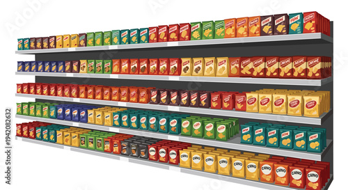 Numerous colorful bags of chips and snacks are neatly displayed across five long, grey supermarket shelves receding into the distance.