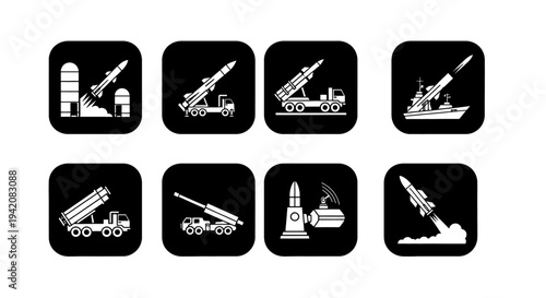 Collection of diverse missile launch system icons for defense and military concepts