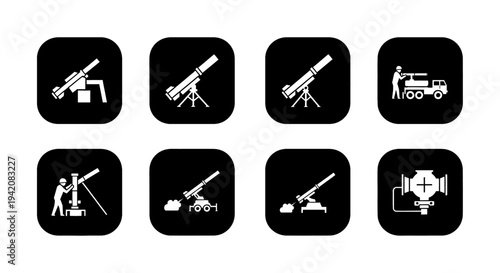 Collection of simplified white icons depicting various stages of operating a portable anti-aircraft weapon system.
