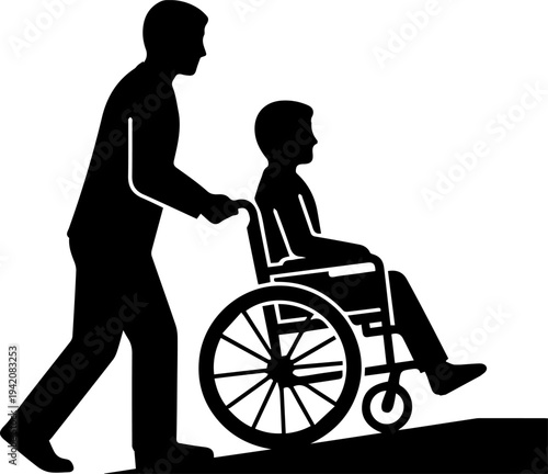 Man pushing a person in a wheelchair up a slope, caregiver assisting disabled patient silhouette isolated on white background vector