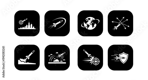 A rocket orbits the Earth, symbolizing space travel and global reach.