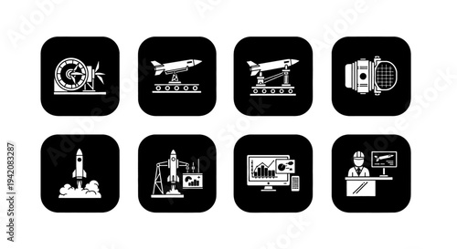 A stylized rocket launches diagonally into space with a fiery exhaust.