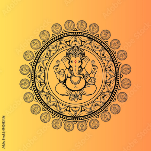 Lord Ganesha Mandala on Orange Gradient Background – Sacred Hindu Elephant God Spiritual Illustration. Ai generated
