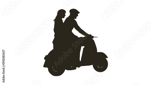 Silhouette of Couple Riding Vintage Scooter Romantic Travel