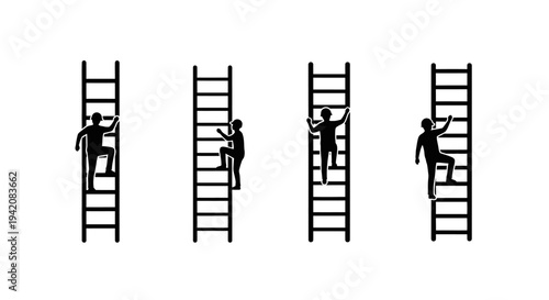 Climb to Success Pack – Man Climbing Tall Ladder Silhouette Icon Set