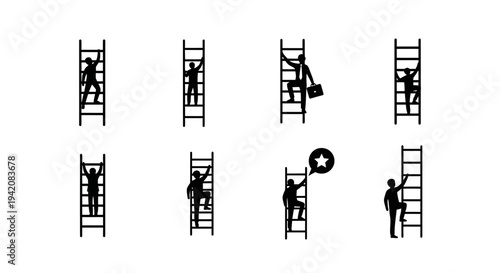 Climb to Success Pack – Man Climbing Tall Ladder Silhouette Icon Set