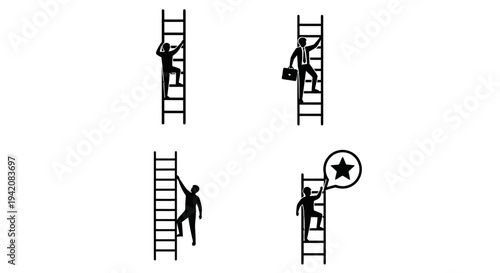 Climb to Success Pack – Man Climbing Tall Ladder Silhouette Icon Set