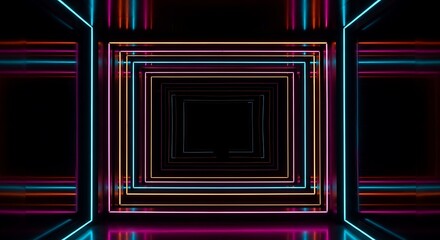 Geometric neon tunnel with square frames and glowing lines against black background