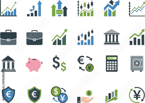 Financial and business icons set different colors