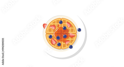 A single round, golden-brown waffle is elegantly presented on a white plate, garnished with golden honey, blue blueberries, and precisely sliced red strawberries.