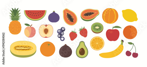 Assorted fresh fruits arranged on a white background