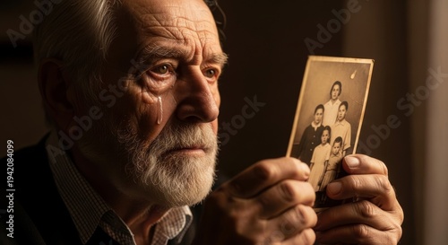 Elderly Man Crying Over Family Photograph