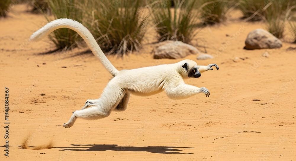 Fototapeta premium A captivating image showcasing a Coquerel's sifaka leaping gracefully through its natural habitat, displaying agility and elegance.