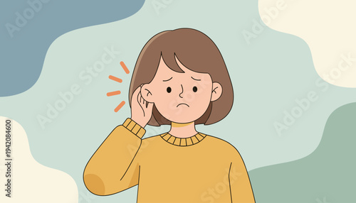 Young girl with earache holding her ear in abstract background  