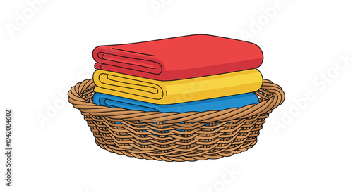 A dark brown intricately woven wicker basket holds a neat stack of red, yellow, and blue folded towels on a white background.